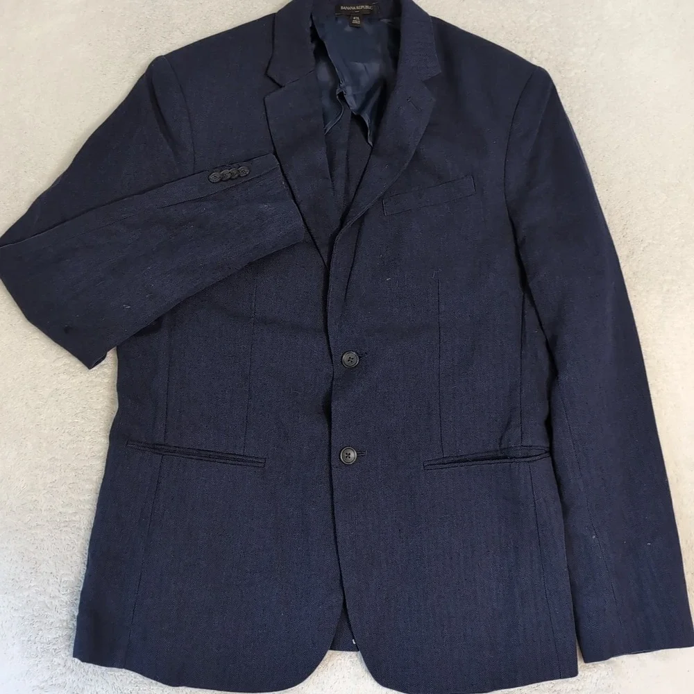 BANANA REPUBLIC Linen Blend Blazer Men's 42L Blue Solid Harringbone Slim Fit‎